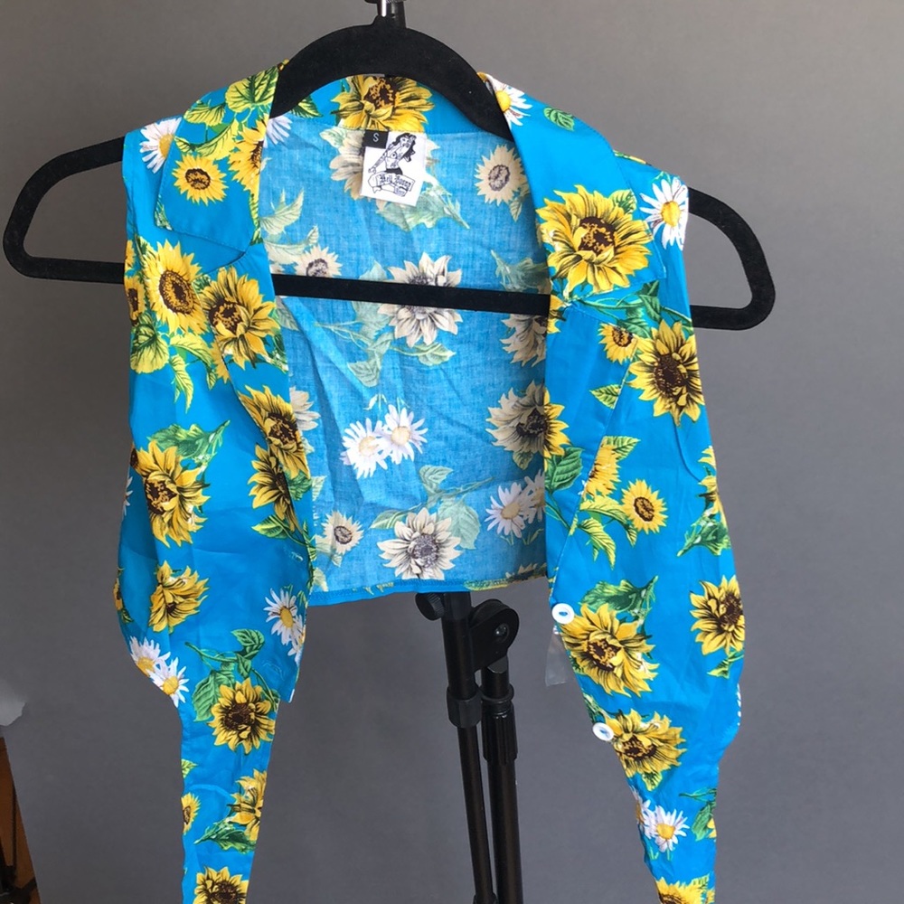 Hell Bunny Turquoise Sunflower Tie-Front Crop Top - Picture 7 of 7